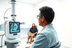Eye exam in a modern clinic. A man wearing glasses views a retinal scan on a diagnostic machine while a woman sits nearby. The clean, white room suggests an ophthalmology or optometry setting. Healthcare technology and patient care are key themes.