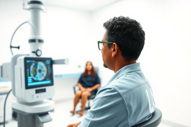 Eye exam in a modern clinic. A man wearing glasses views a retinal scan on a diagnostic machine while a woman sits nearby. The clean, white room suggests an ophthalmology or optometry setting. Healthcare technology and patient care are key themes.