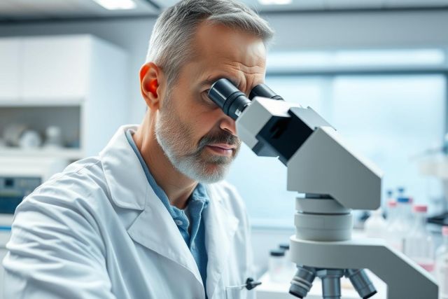 Scientist using a microscope in a modern laboratory. The man in a white lab coat focuses intently, surrounded by equipment. A clean, bright environment with a focus on scientific research and analysis.