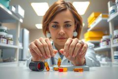 A scientist in a lab coat examines capsules, likely medication or supplements, in a brightly lit lab environment. The focus is on the capsules and the scientist's hands, with a background of shelves stocked with products.