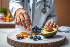 A healthcare professional examines blueberries and vitamin supplements near a halved avocado on a wooden board. The scene emphasizes healthy eating and wellness, with a clean, bright environment.