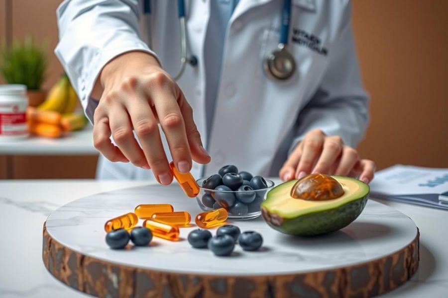 A healthcare professional examines blueberries and vitamin supplements near a halved avocado on a wooden board. The scene emphasizes healthy eating and wellness, with a clean, bright environment.