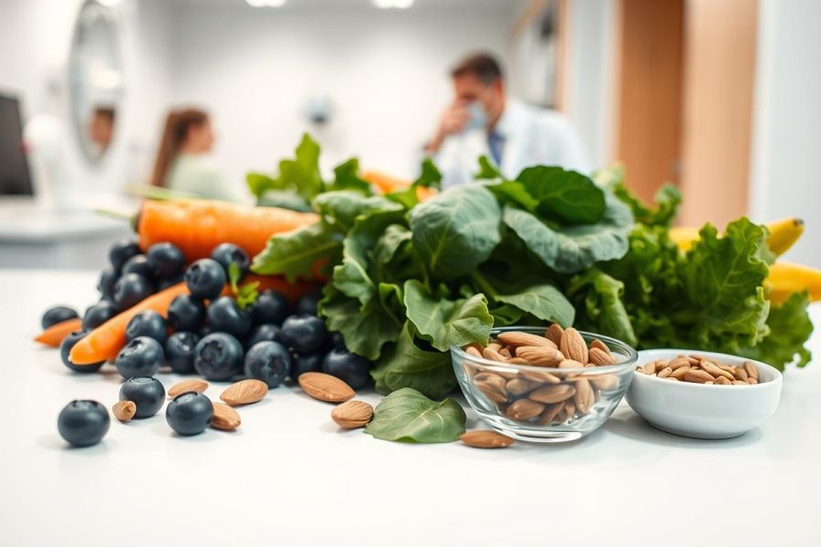 Healthy food and wellness concept. Fresh carrots, blueberries, kale, bananas, and almonds are displayed on a white surface in a bright, modern clinic setting. A blurred medical professional is in the background, suggesting nutrition and healthcare themes.