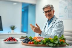 A friendly doctor in a white coat consults about healthy eating. Fresh fruits and vegetables, including berries, tomatoes, and leafy greens, are displayed on a wooden platter. Modern office setting with bright, clean colors promotes wellness and nutrition.