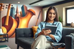 The image shows a woman sitting on a couch in an office environment. She is dressed professionally and has her feet up, holding a tablet computer in her hands. The surroundings suggest a modern, comfortable workspace with various decorative elements including musical instruments.