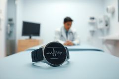 Medical smartwatch displaying a heartbeat on a doctor's desk in a healthcare setting. A blurred doctor in a white coat is visible in the background. Focus on health technology, wearables, and patient monitoring in a modern clinic environment. Blue and grey tones dominate the image.