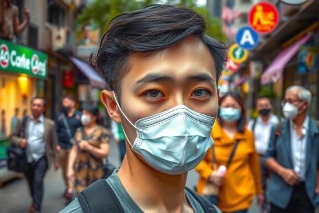 Asian man wearing a surgical mask, standing amidst people in a bustling urban street. The scene is set against the backdrop of neon signs and city life.