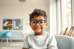 Portrait of a smiling young boy with glasses in a classroom setting. He's wearing a light gray shirt with colorful artwork visible in the background. Bright, natural lighting and a cheerful expression create a positive, educational vibe. Perfect for kids, education, and portrait photography keywords.