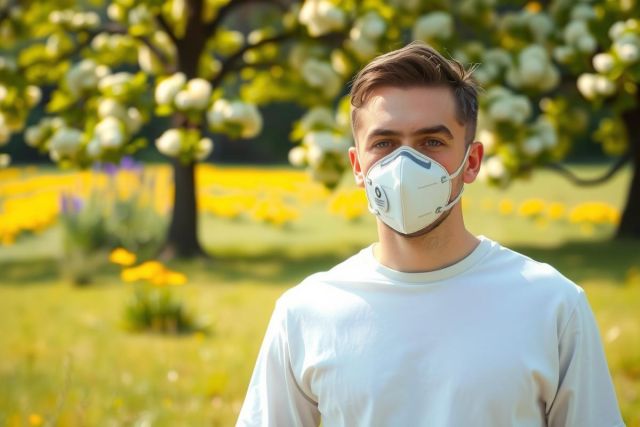 A young man wearing a white face mask outside. He is standing on grass, near a flowering tree.