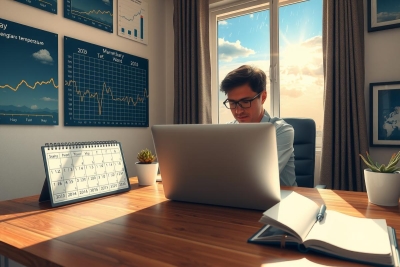 The image shows a man sitting at a desk in a brightly lit room. He is using a laptop and there are various work-related items on the desk such as notepads, books, and office supplies.