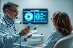 Doctor discussing eye pressure results with a patient in a modern medical clinic. The image features a healthcare professional, diagnostic screen displaying eye anatomy, and a focus on eye health examination. Blue and white tones dominate the scene.
