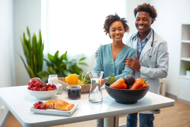 A doctor and patient smiling near a table with fruit and healthy food. The scene shows a wellness checkup or nutrition consultation in a bright, modern setting.