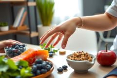 Close-up of a hand reaching towards a healthy breakfast spread. Includes blueberries, a bowl of granola, and a red apple on a table. Natural light and a bright, inviting atmosphere.