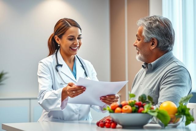 Doctor consults with a patient in a bright, modern office. A woman in a white coat reviews documents with a mature man. A bowl of fresh fruit sits nearby, suggesting a focus on health and wellness. Medical consultation, healthcare, healthy eating.