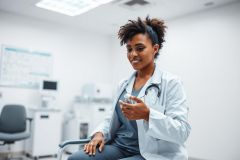 A smiling female doctor in a white coat and stethoscope examines medication in a modern, bright medical office. The scene features a clean, white interior with medical equipment in the background, conveying a healthcare setting and patient care theme.