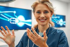 Female doctor in scrubs smiling and waving in a medical setting with medical equipment visible in the background. Blue scrubs, friendly expression, healthcare professional, clinical environment.