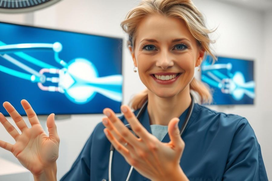 Female doctor in scrubs smiling and waving in a medical setting with medical equipment visible in the background. Blue scrubs, friendly expression, healthcare professional, clinical environment.