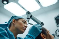 A surgeon performs a procedure, likely brain surgery, using a surgical microscope. The scene takes place in an operating room with blue surgical attire, bright lighting, and focused medical equipment.