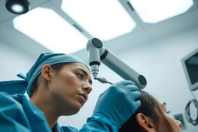 A surgeon performs a procedure, likely brain surgery, using a surgical microscope. The scene takes place in an operating room with blue surgical attire, bright lighting, and focused medical equipment.