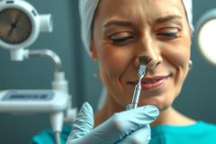 Close-up of a female aesthetician in a medical environment, wearing gloves and holding a brush. Likely performing a skincare treatment or applying a cosmetic product. Focus on professional skincare and beauty.