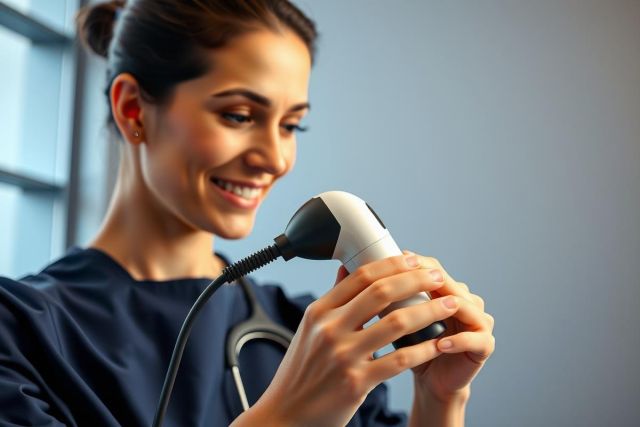 Medical professional examining a stethoscope in a clinical setting. Focus on diagnostic tools and healthcare environment. Blue scrubs and a bright, modern backdrop.