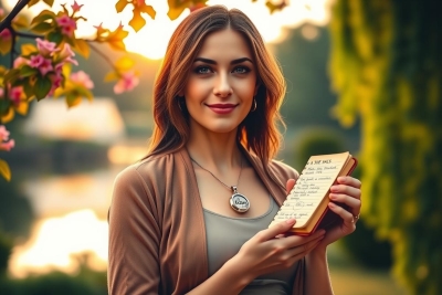 A young woman in a brown coat and black top, holding a paper menu in her hands against the backdrop of a flowering cherry tree during sunset.