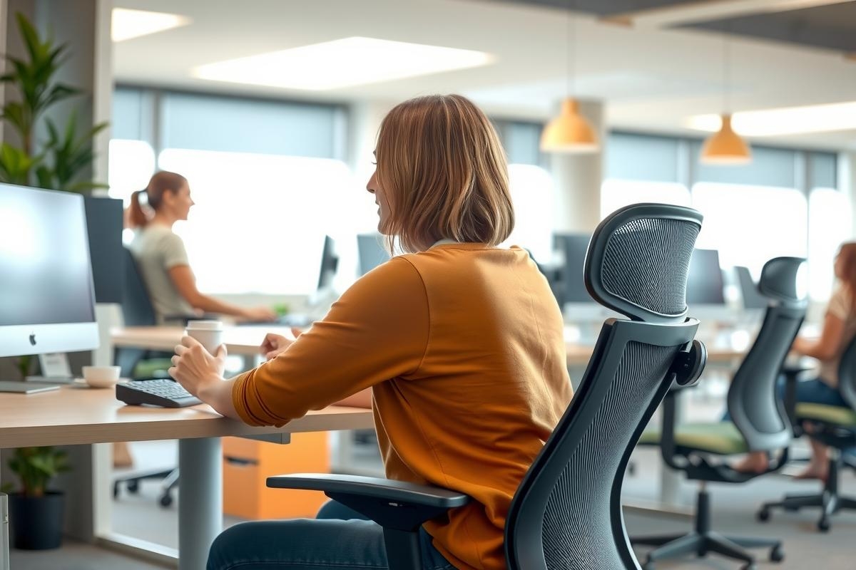 In the office environment, a female professional is seated at her desk with her back turned to us. She has blonde hair and is wearing a yellow top and jeans.