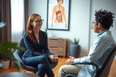 Doctor and patient consultation. A female patient sits with a male doctor in a modern clinic setting. They are engaged in conversation, with a anatomical chart visible in the background. Professional healthcare environment.