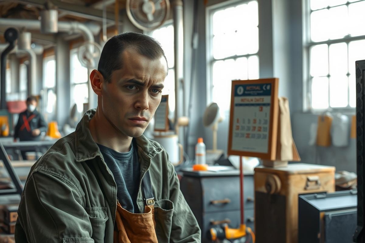 The image features a man working in what appears to be an industrial setting. He is wearing overalls and safety gloves, suggesting he may be involved in some form of manual labor or craftsmanship.