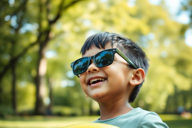 Smiling boy wearing sunglasses outdoors in a park. The image features a happy child with dark hair, green shirt, and a bright, sunny background of lush green trees. A playful and cheerful portrait showcasing summertime fun and childhood joy.
