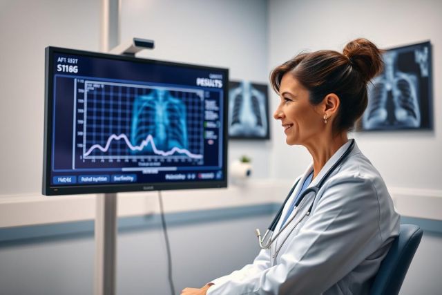Female doctor in a modern medical office examining a chest X-ray on a monitor. The image features a clinical setting with grayscale X-ray images displayed. Focus on diagnostic imaging, healthcare professionals, and medical technology. Blue and white tones dominate the scene.