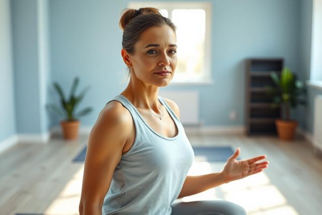 Woman practicing yoga in a bright, airy room. She's wearing a light blue tank top and seated on a mat, demonstrating a pose. Soft blue walls, potted plants, and natural light create a serene, wellness-focused atmosphere. Fitness, meditation, and healthy lifestyle imagery.