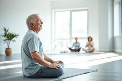 Senior man meditating in a bright, modern studio alongside other people practicing yoga. The scene features a minimalist interior with white walls, natural light, and a calming, peaceful atmosphere. Focus on wellness, senior fitness, and mindful movement.