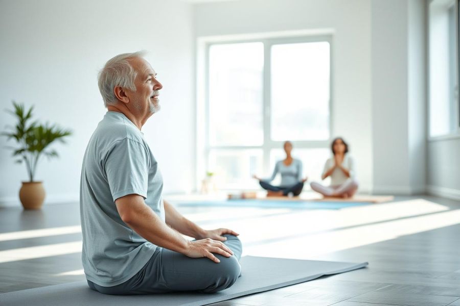 Senior man meditating in a bright, modern studio alongside other people practicing yoga. The scene features a minimalist interior with white walls, natural light, and a calming, peaceful atmosphere. Focus on wellness, senior fitness, and mindful movement.