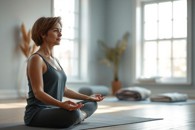 Woman meditating in a bright, serene yoga studio. Soft grey and white tones create a calming atmosphere. Focus on mindfulness, wellness, and peaceful relaxation. Interior space with natural light and decorative plants.