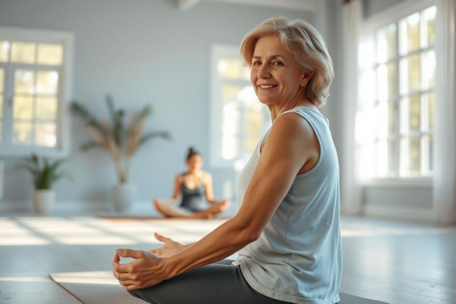 Senior woman in a bright yoga studio, smiling and looking back at a younger woman meditating in the background. Focus on wellness, fitness, and healthy aging. Light gray walls and natural light create a serene atmosphere. Yoga, meditation, active seniors, and fitness concepts.