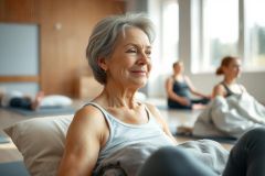 Senior woman smiling during a yoga class in a bright, modern studio. Other participants are visible in the background. Focus on wellness, healthy aging, and mindful exercise. Soft lighting and neutral tones create a peaceful atmosphere.