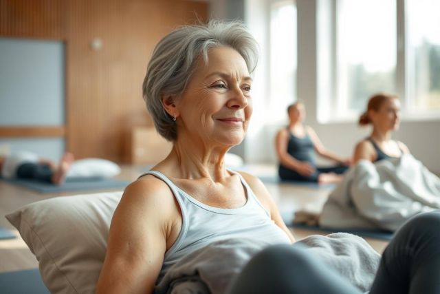 Senior woman smiling during a yoga class in a bright, modern studio. Other participants are visible in the background. Focus on wellness, healthy aging, and mindful exercise. Soft lighting and neutral tones create a peaceful atmosphere.