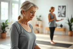 Woman meditating in a bright, modern yoga studio. A younger woman is practicing in the background. The scene features natural light, calming gray tones, and lush green plants, promoting wellness and fitness. Ideal for yoga, mindfulness, and healthy lifestyle imagery.