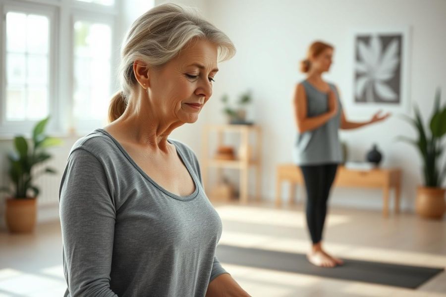 Woman meditating in a bright, modern yoga studio. A younger woman is practicing in the background. The scene features natural light, calming gray tones, and lush green plants, promoting wellness and fitness. Ideal for yoga, mindfulness, and healthy lifestyle imagery.