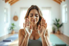 Woman meditating in a bright, airy yoga studio. She's performing a mudra with her hands, eyes closed, conveying peace and tranquility. Natural light, wooden floors, and greenery create a serene atmosphere. Focus on wellness, mindfulness, and yoga practice.