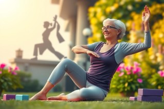 The image portrays a woman in the midst of an outdoor yoga session. She is seated on a grassy area with a backdrop of trees and flowers, indicating a serene and peaceful environment.