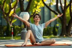 The image depicts a woman in the midst of performing a yoga pose, with her arms raised above her head, embodying an open and expansive stance. She is seated on a yoga mat which is spread out on what appears to be a concrete surface.
