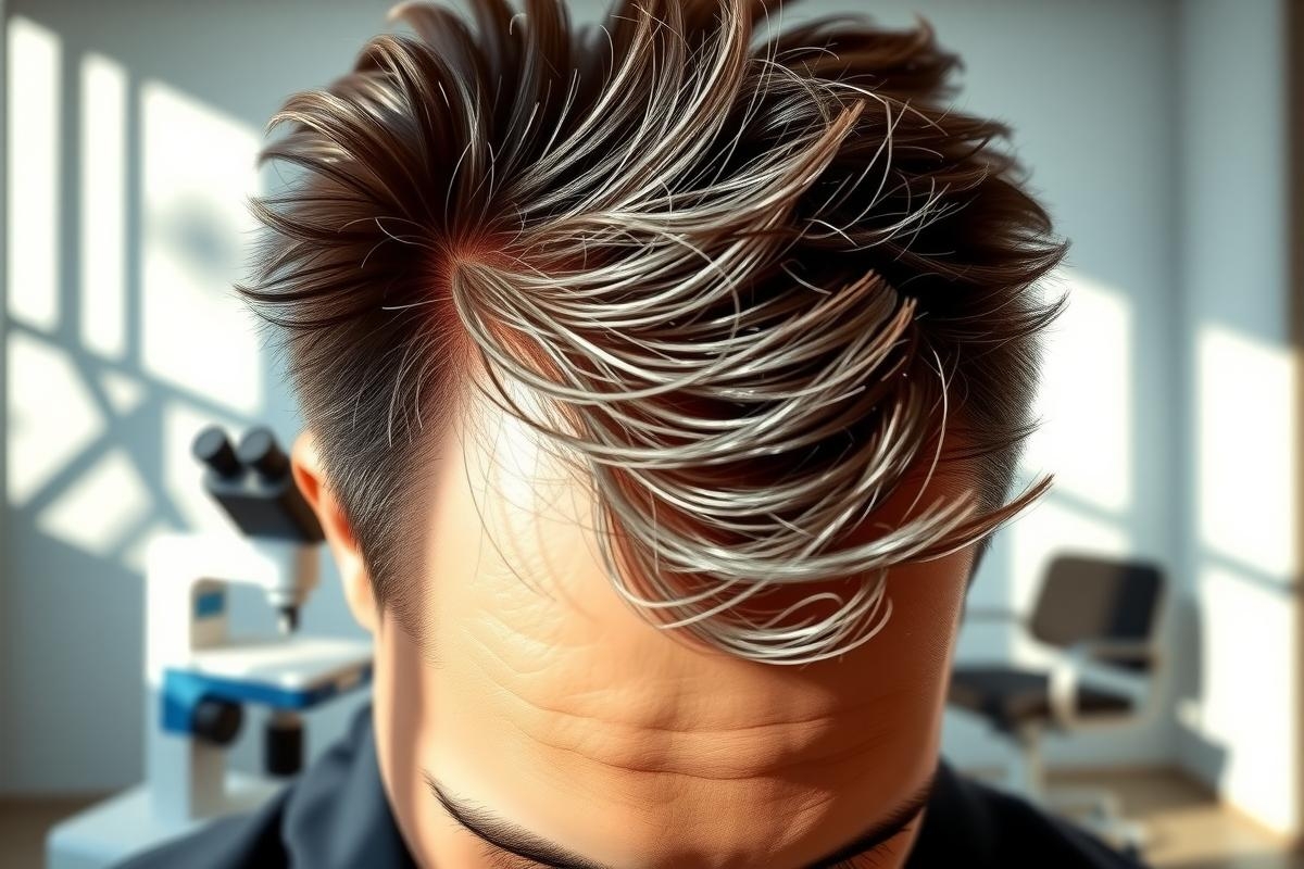 Close-up of a person with stylish, layered hair featuring a striking silver and dark gradient. The background suggests a salon or barber shop setting with chairs and equipment. Focus on hair color and style.