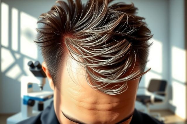 Close-up of a person with stylish, layered hair featuring a striking silver and dark gradient. The background suggests a salon or barber shop setting with chairs and equipment. Focus on hair color and style.