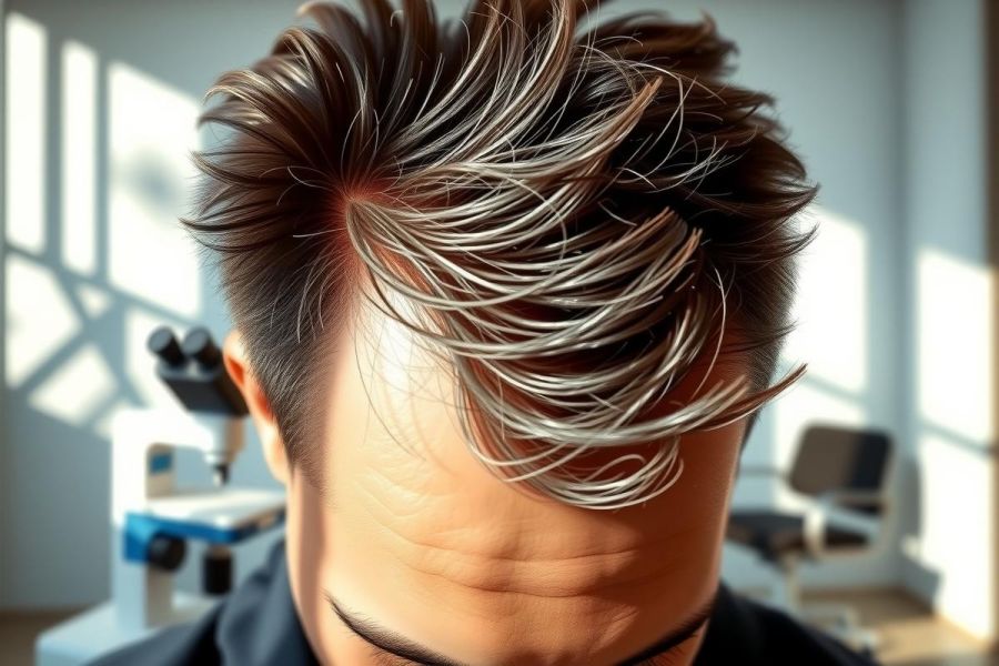 Close-up of a person with stylish, layered hair featuring a striking silver and dark gradient. The background suggests a salon or barber shop setting with chairs and equipment. Focus on hair color and style.