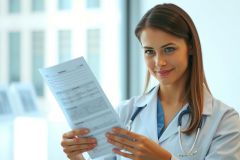 Female doctor in a white coat holding medical documents, smiling. Healthcare professional in a bright, modern office setting. Focus on patient care and medical records.