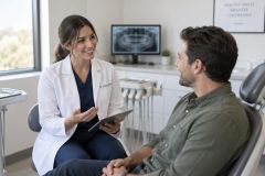 Dentist consulting a seated patient in a bright dental operatory, reviewing X‑ray on monitor.