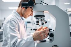 Scientist working in a modern laboratory, examining a sample under a microscope. The image showcases a man in a white lab coat, focused on scientific research in a clean, bright environment. Predominantly white and gray tones convey a professional, clinical atmosphere.