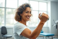Smiling woman exercising with a dumbbell in a bright, modern gym. Fitness, strength training, and healthy lifestyle concepts. Warm lighting and a clean, white interior create an inviting atmosphere.